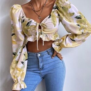 SHEIN Yellow and Green Floral Puff Sleeve Blouse